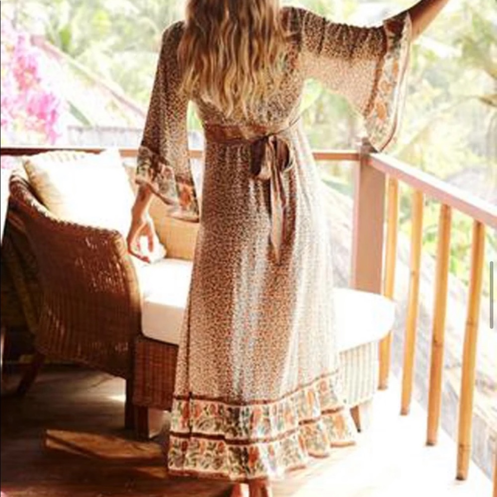 Boho Floral Gypsy Print Maxi Dress Yellow Kimono